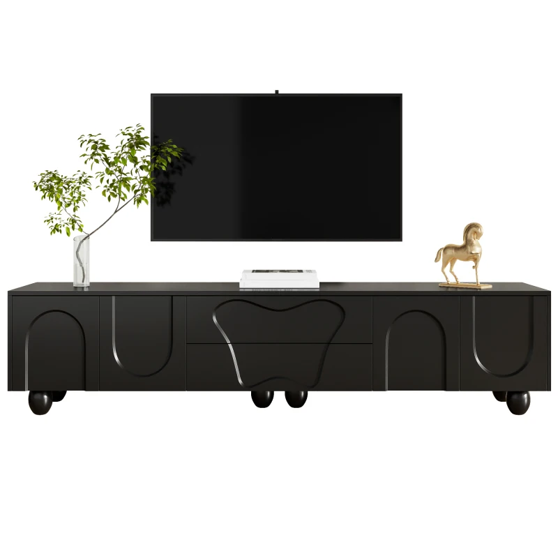 Meuble TV noir de 180 cm avec pieds en bois – Un meuble TV minimaliste et élégant avec beaucoup d'espace de rangement, un design unique et des options de rangement flexibles pour un salon stylé.