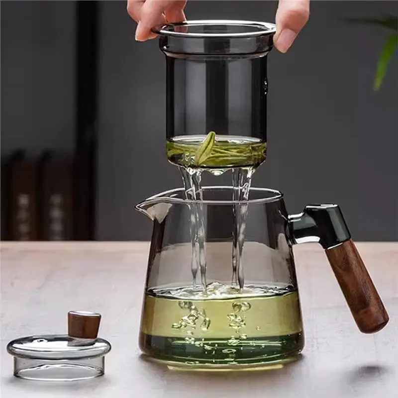 75STO-Glass Teapot 600Ml With Removable Infuser, Stovetop Safe Tea Kettle Featuring Wooden Handle For Loose Tea Preparation