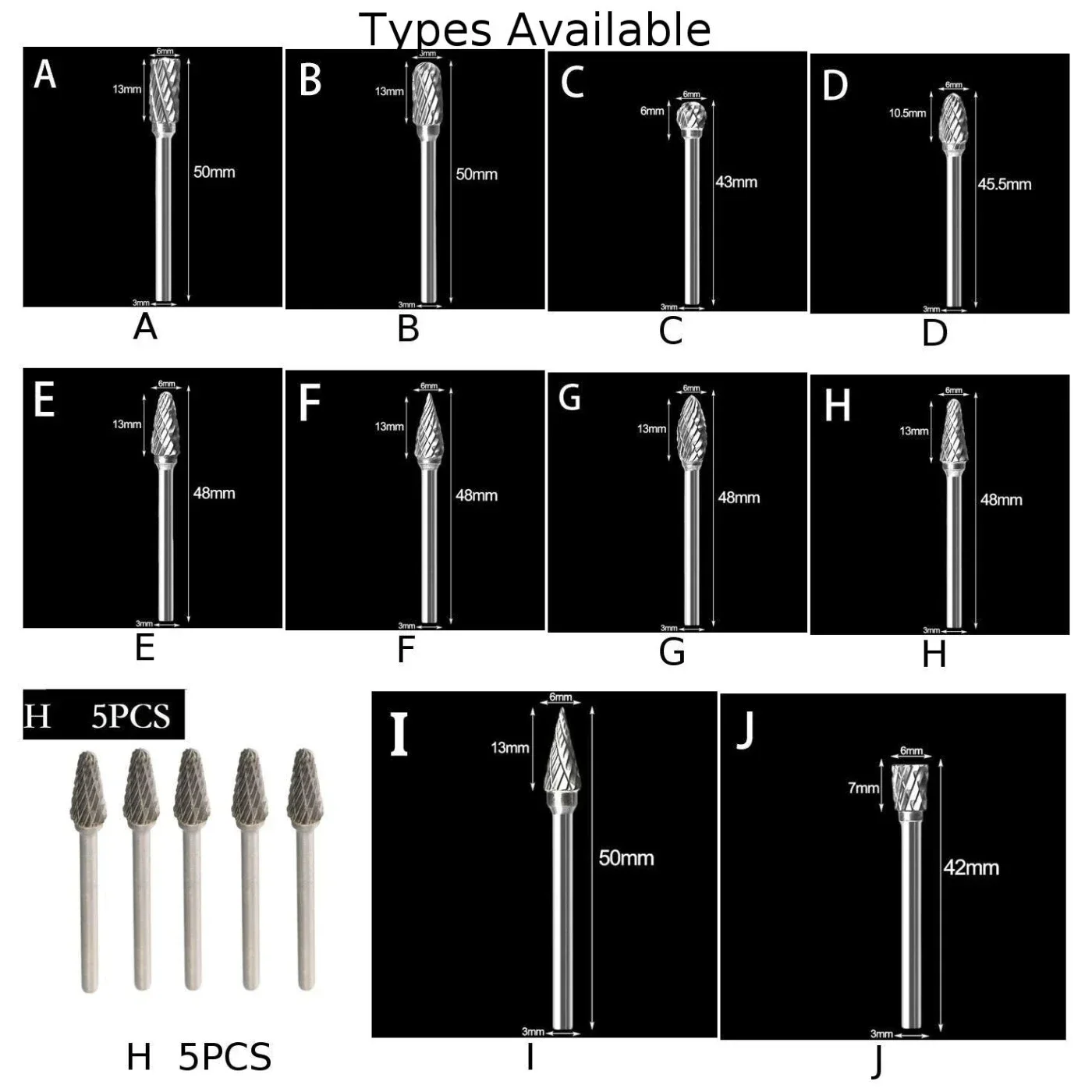 Tungsten Carbide Burr Rotary Drill Bits Double Cut Milling Cutter For Metalworking Wood Carving Deburring Grinding 1/8" Shank