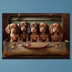 DIY Full Square Round Diamond Mosaic Embroidery Dachshund puppies in vintage suitcase Diamond Painting Cross Stitch Pattern