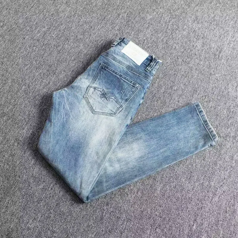 Fashion Designer Men Jeans High Quality Retro Light Blue Stretch Slim Fit Ripped Jeans Men Vintage Trousers Denim Pants Hombre