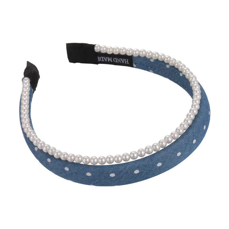 Retro Denim Blue Pearl Double Layer Headband Girl Exquisite Hair Hoop Womans Temperament Hair Band Lady Fashion Hair Accessories