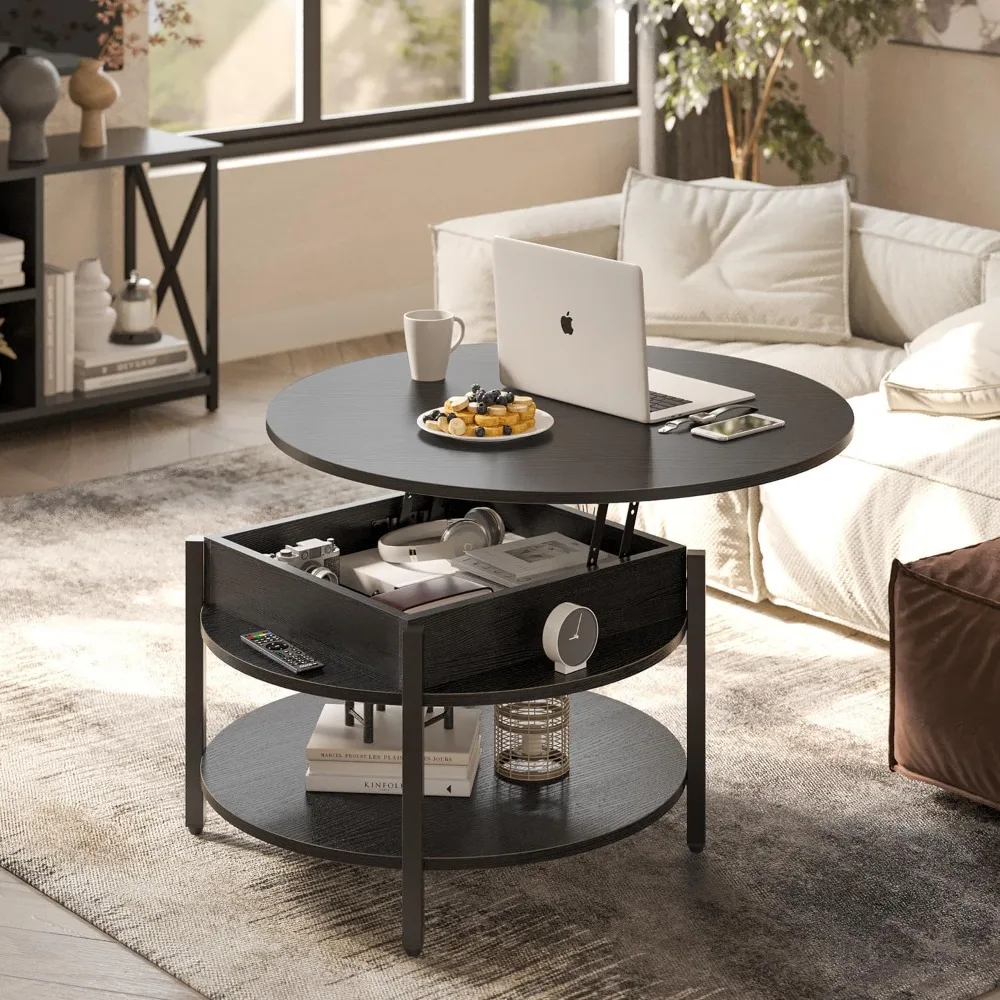 Runder Couchtisch mit Hubplatte und Stauraum und verstecktem Fach, 26,77'' Bauernhaus-Couchtisch für den Empfang im Wohnzimmer