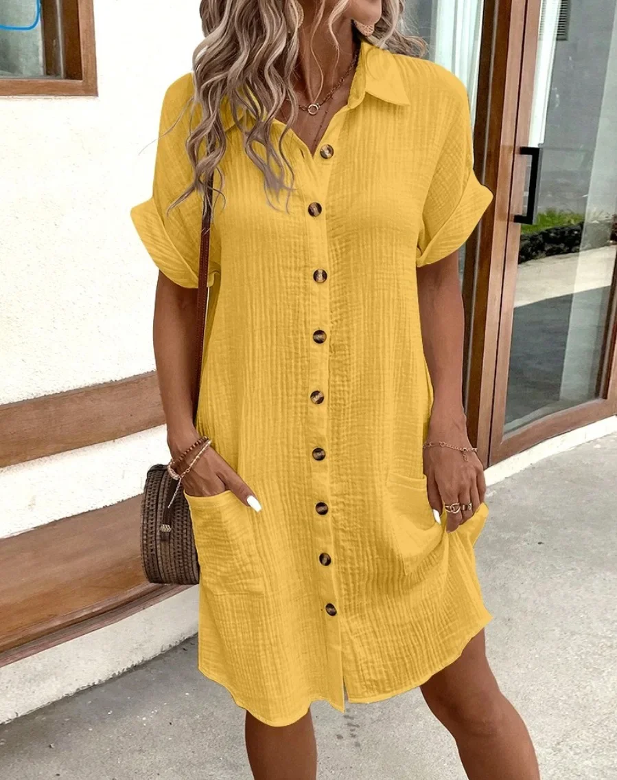 

Fashionable Spring/Summer Minimalist V-neck Button Dress Elegant Women's Yellow Short Sleeved Flip Collar Pocket Shirt Dress