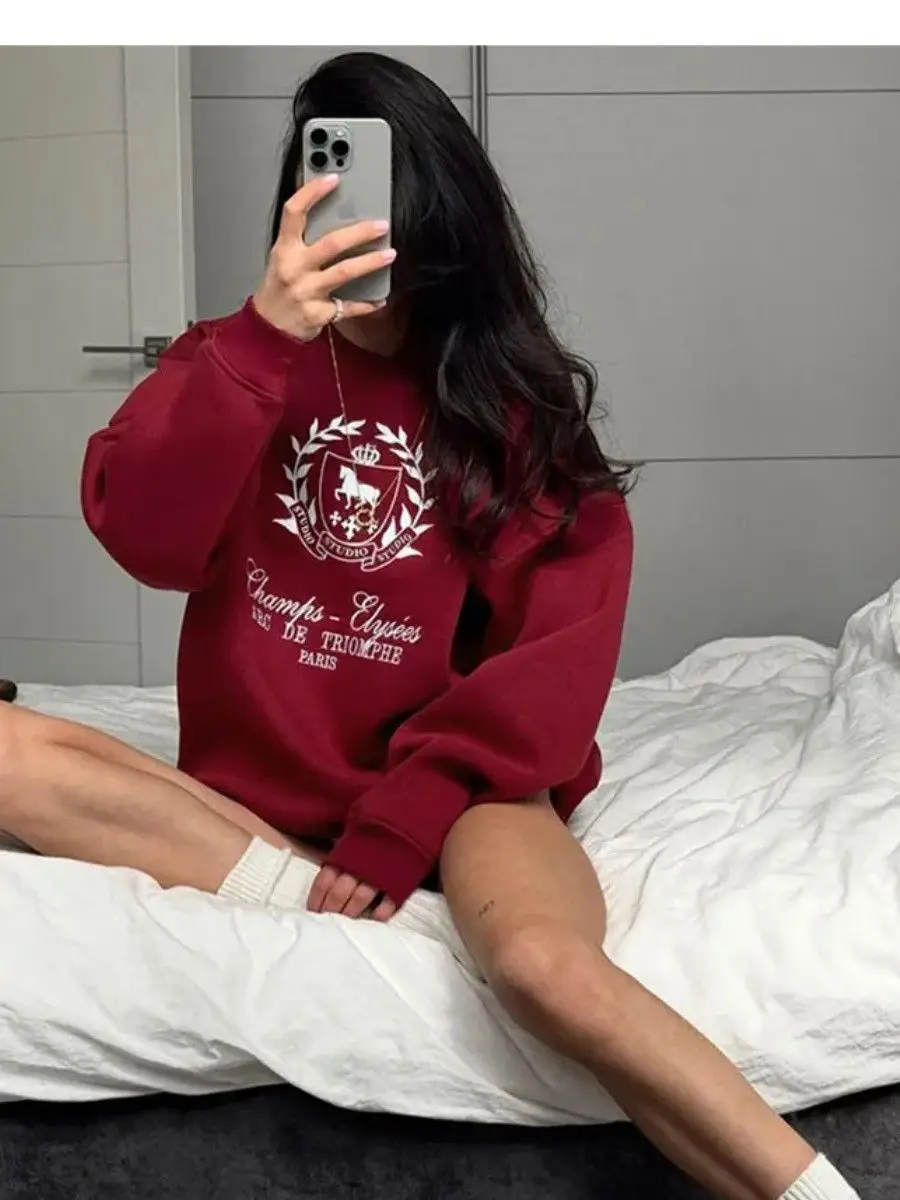 Y2K collège dame rétro Badge vin rouge sweats col rond ample automne pull à la mode tempérament femmes Preppy-style haut rétro
