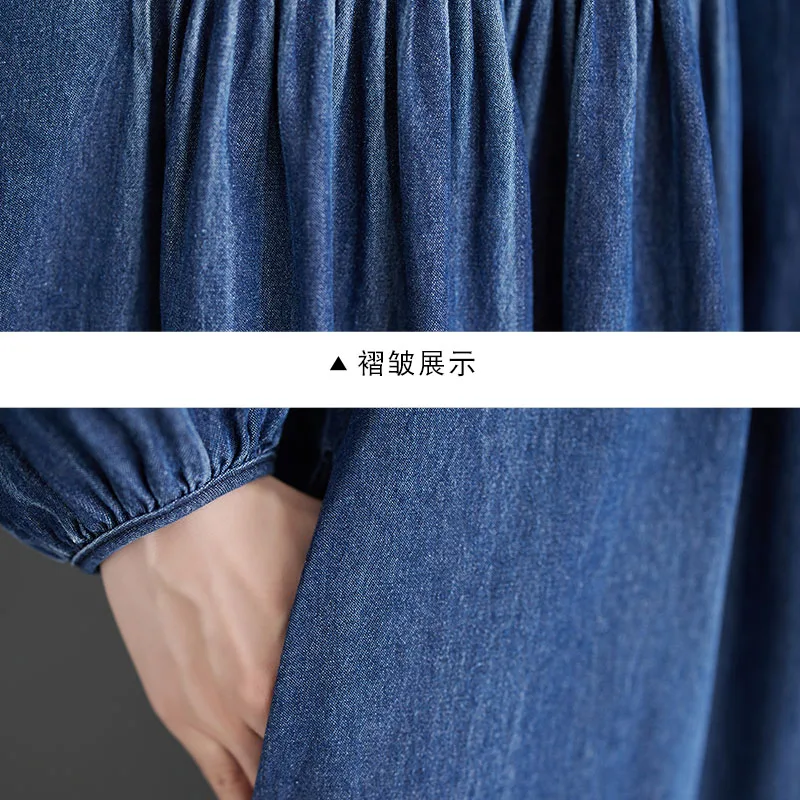 2024 Woman Vintage Denim Dress Fashion Casual Loose Sundress Autumn Elegant Party Vestidos Long Sleeve V-Neck Embroider Dresses