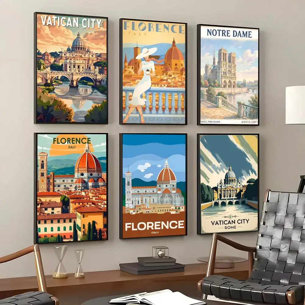 Landmark Florence Cathedral Poster Self-Adhesive Waterproof Wall Stickers, Coffee Bar Home Wall Decor