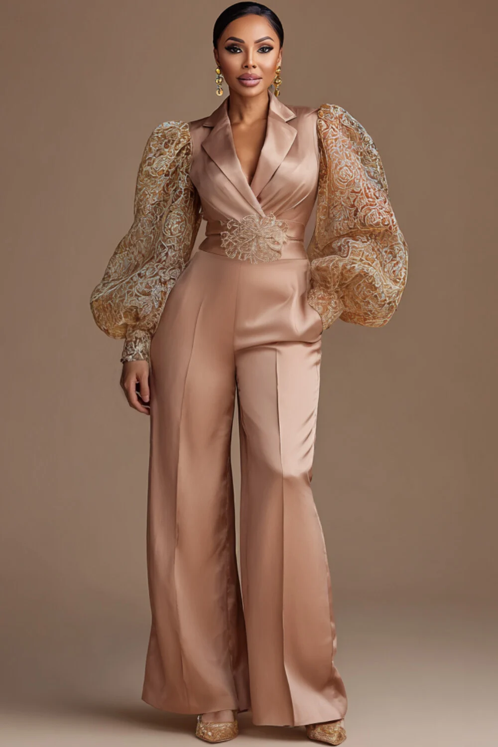 

Plus Size Mother Of The Bride Tulle Champagne Turndown Collar Long Sleeve Pocket Elegant Satin Jumpsuits
