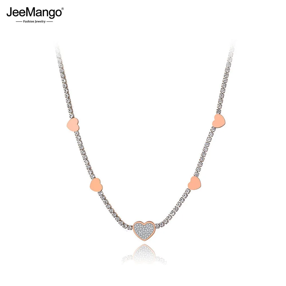 JeeMango Titanium Stainless Steel Sparkling CZ Crystal Love Heart Choker Necklaces For Women Chic Rhinestone Necklace JN19190