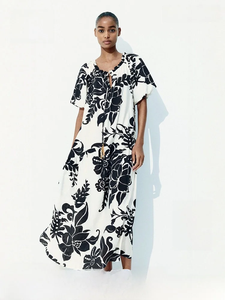 

Spring Casual Plant Print Maxi Dr Women's Dstring irt ort Sve Gown H&M l Waist Regular Sve Fiber Blend