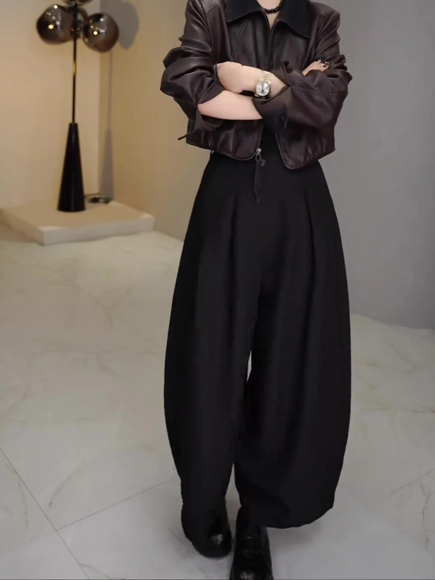 Black Pleated Flower Bud Pants Women's Autumn Winter Loose Fitting Conceal Meat Slimming Design Casual Wide Leg Pants