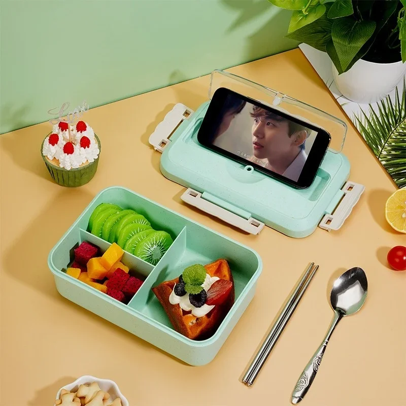 Lunch Box Plastic Compartment Portable Lunchbox Students Office Bento Box Microwave Food Containers with Chopsticks and Spoon