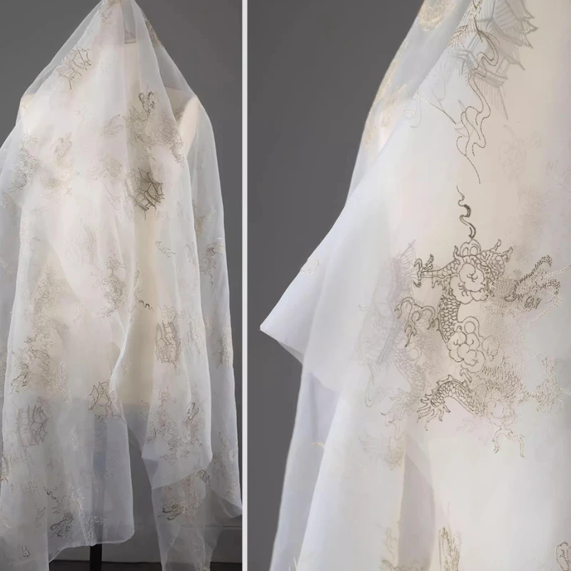 刺繍入りライトガーゼ透明生地ドラゴンパターン縁起の良い雲パビリオンドレス中国漢服デザイナー生地