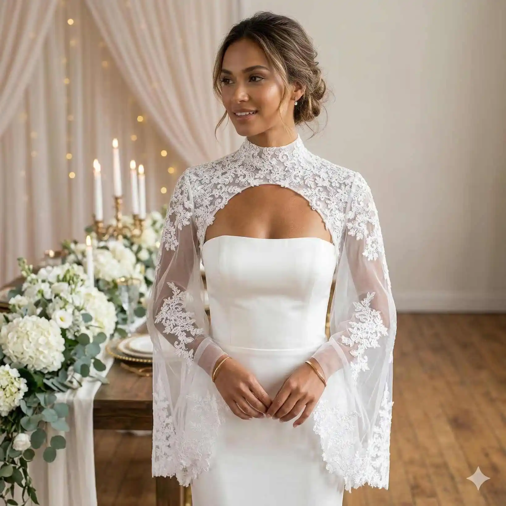 lace bolero jacket wedding dress NATALIA #1 / Off Shoulder with Long Sleeves and Bustier Jose Villa Pearl Bolero Wedding Jacket Gorgeous