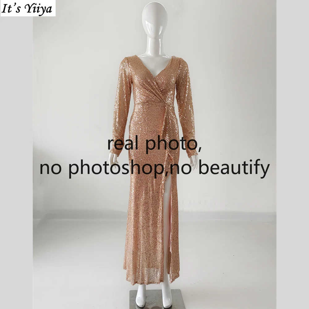 It's Yiiya Real Photo Evening Dresses Gold Sequins V-neck Full Sleeves Mermaid  Plus Size Robe De Soiree Women Party Formal Gown