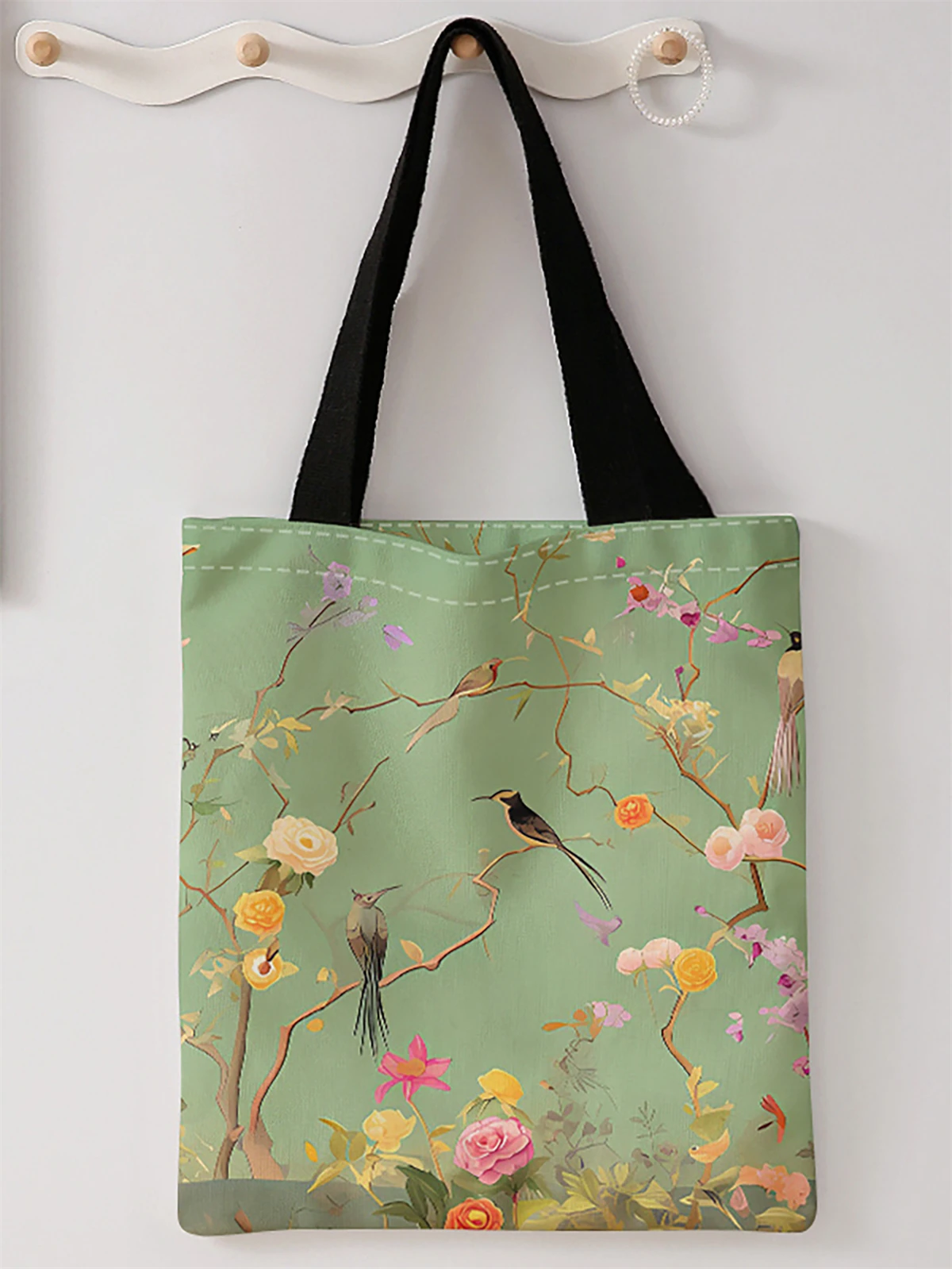 Flower and Bird Pattern Printed Casual Handbag, Reusable Fashionable Backpack, Multifunctional Handbag, Canvas Shopping Bag