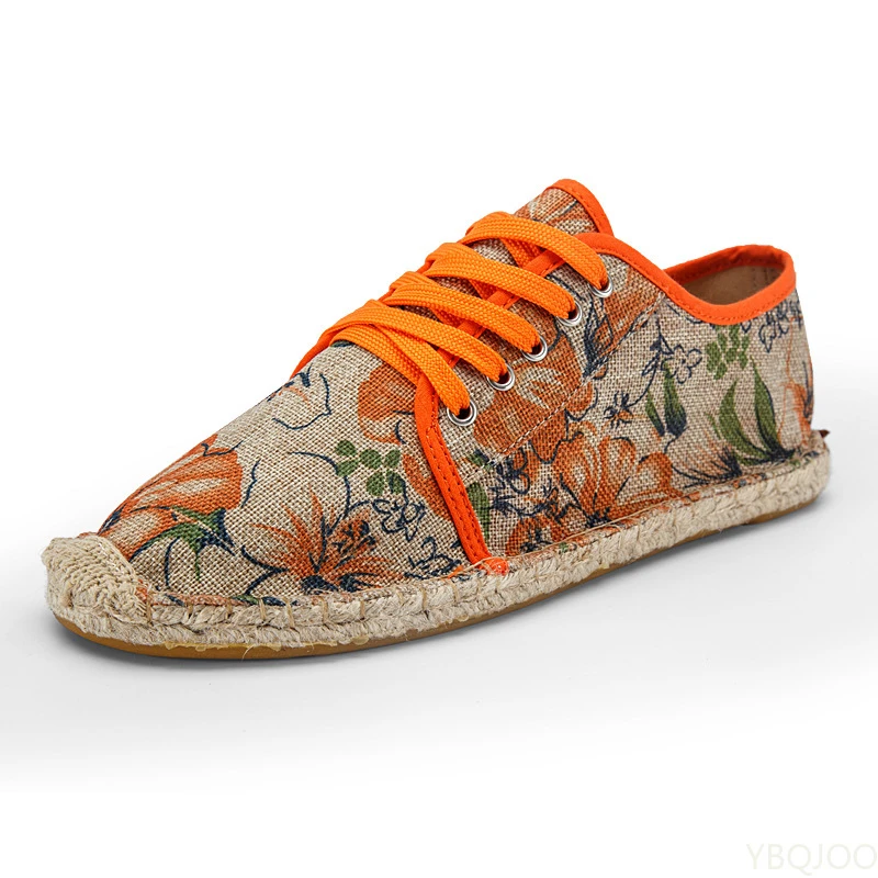 Fashion Orange Men Loafers Flats Flower Print Men Casual Shoes Linen Breathable Men Driving Shoes Mocasines De Hombre