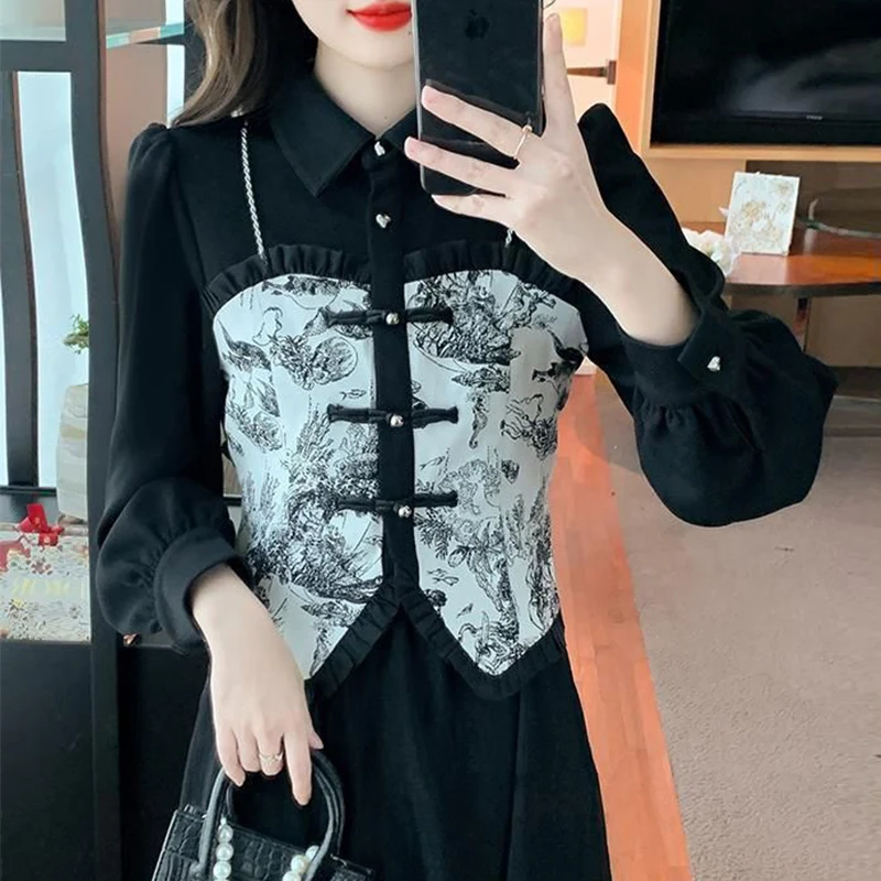 Spring Autumn Polo-neck Vintage Printing Ruffles Shirt Ladies Long Sleeve Elegant Fashion Irregular Blouse Female Cardigan Top