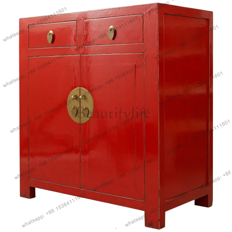 

Solid wood entrance cabinet New Chinese style antique old red door storage locker