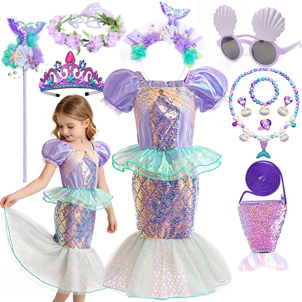 

Little Mermaid Ariel Dress For Girl Cosplay Disney Little Mermaid Princess Summer Beach Birthday Party Clothing Accessories Set