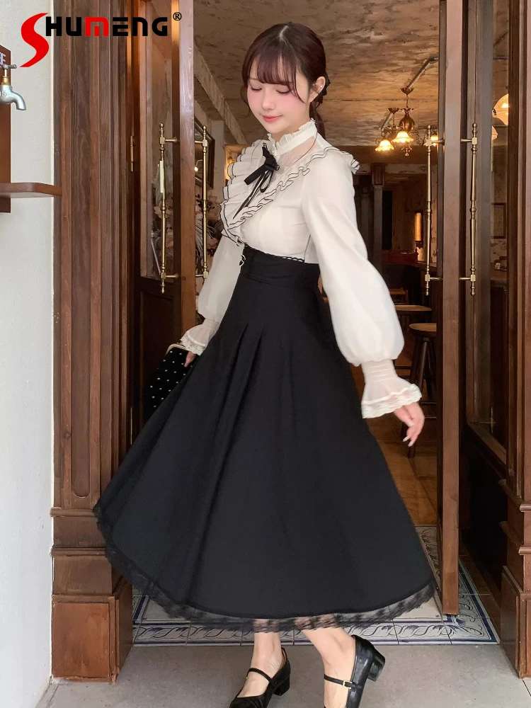 

Original Japanese Elegant Sweet Preppy Style Ruffled Collar Long Sleeve Lace Splicing High Waist A-line Lolita Long Dress Women