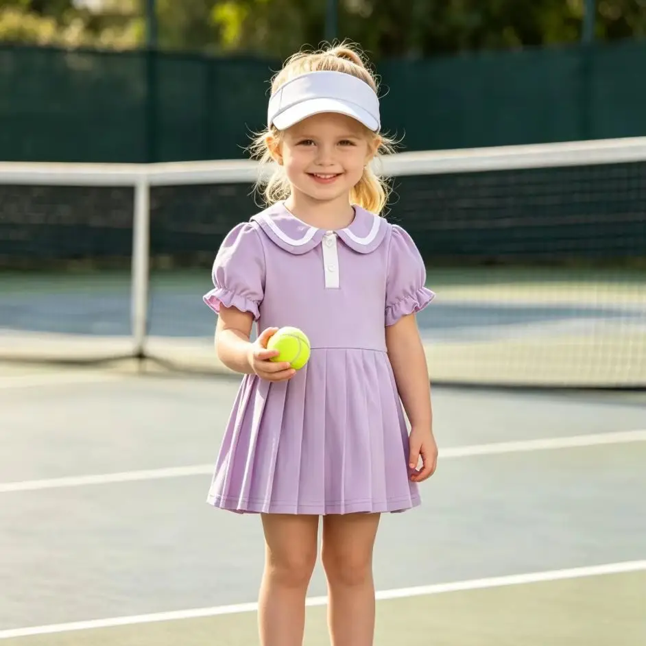 Kids Summer Tennis Dress Baby Girls Solid Peter Pan Collar Short Sleeve Pleated Sports Dress Korean Daily Wear 6 Months-4 Years