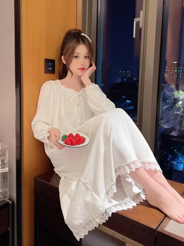 Women\'s Clothing Four Seasons Long-Sleeved Princess Nightgown Girls Lace Court Style Pajamas Korean Loose Plus Size Homewear