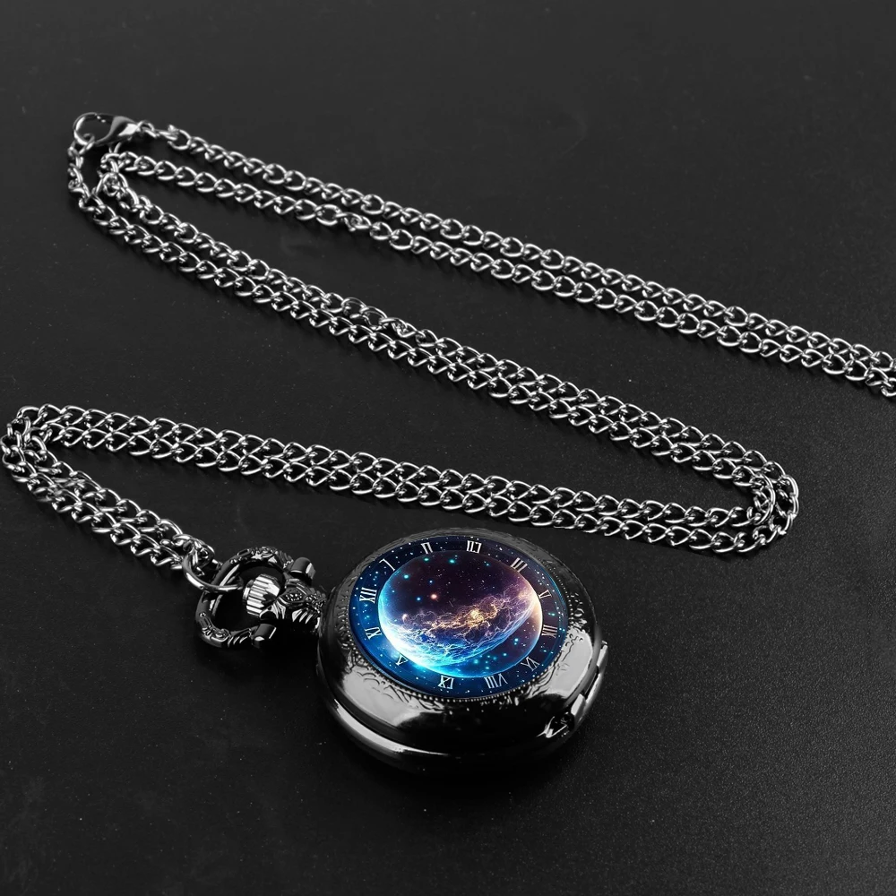 Kreative Sternenhimmel und Mond Quarz-Taschenuhr für Damen und Herren, schwarze Halskette, einzigartige Anhängeruhr, Kettenuhr, Geschenkzubehör