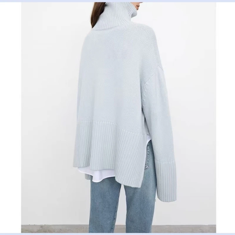 24-jarige TT herfst- en winterzoom split hoge hals kasjmier dames losse lange mouwen voorkant korte achterkant lange gebreide trui