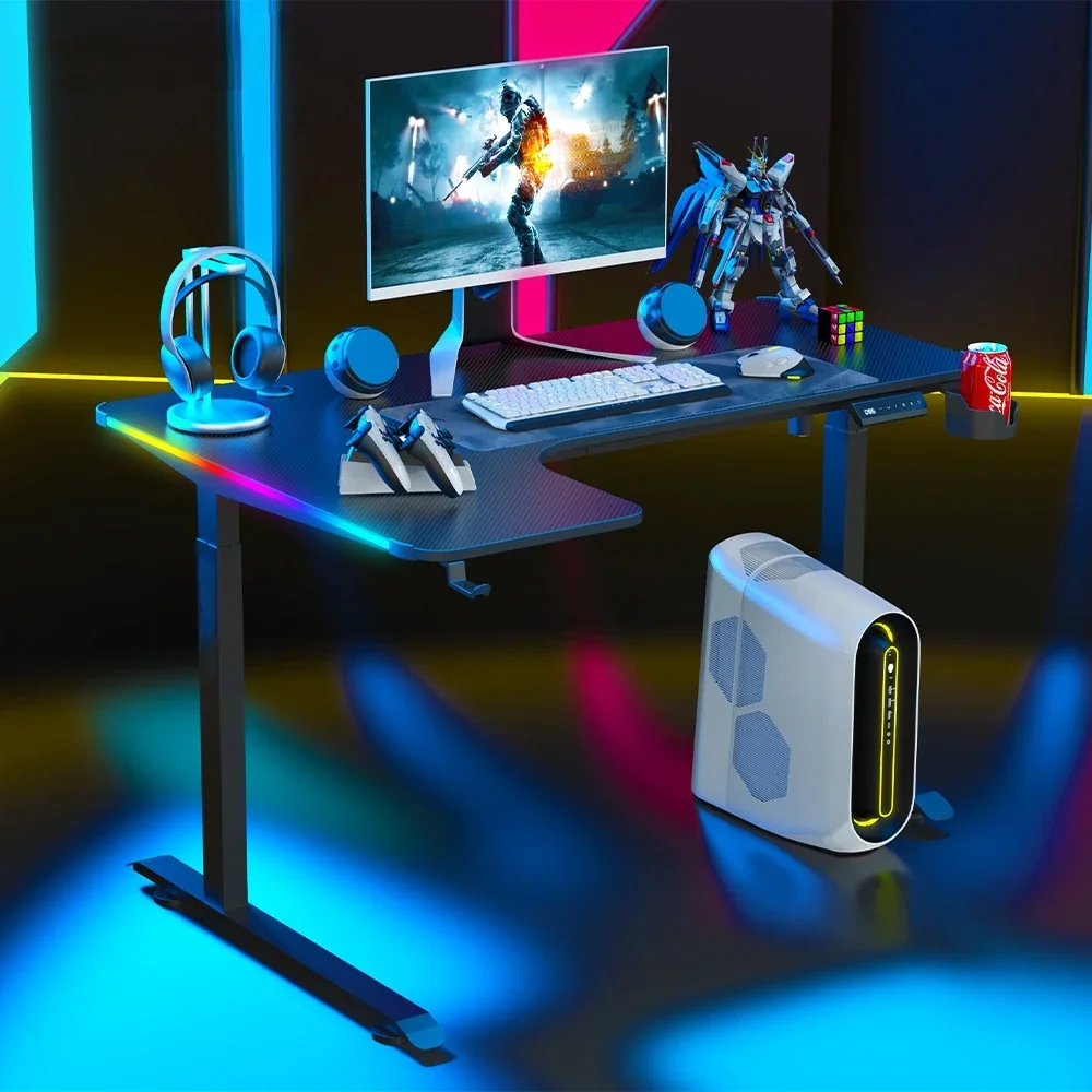 Height Adjustable L Shaped RGB Gaming Desk Motorized Ergonomic Standing Desk Black Electric Sit To Stand Up Desk