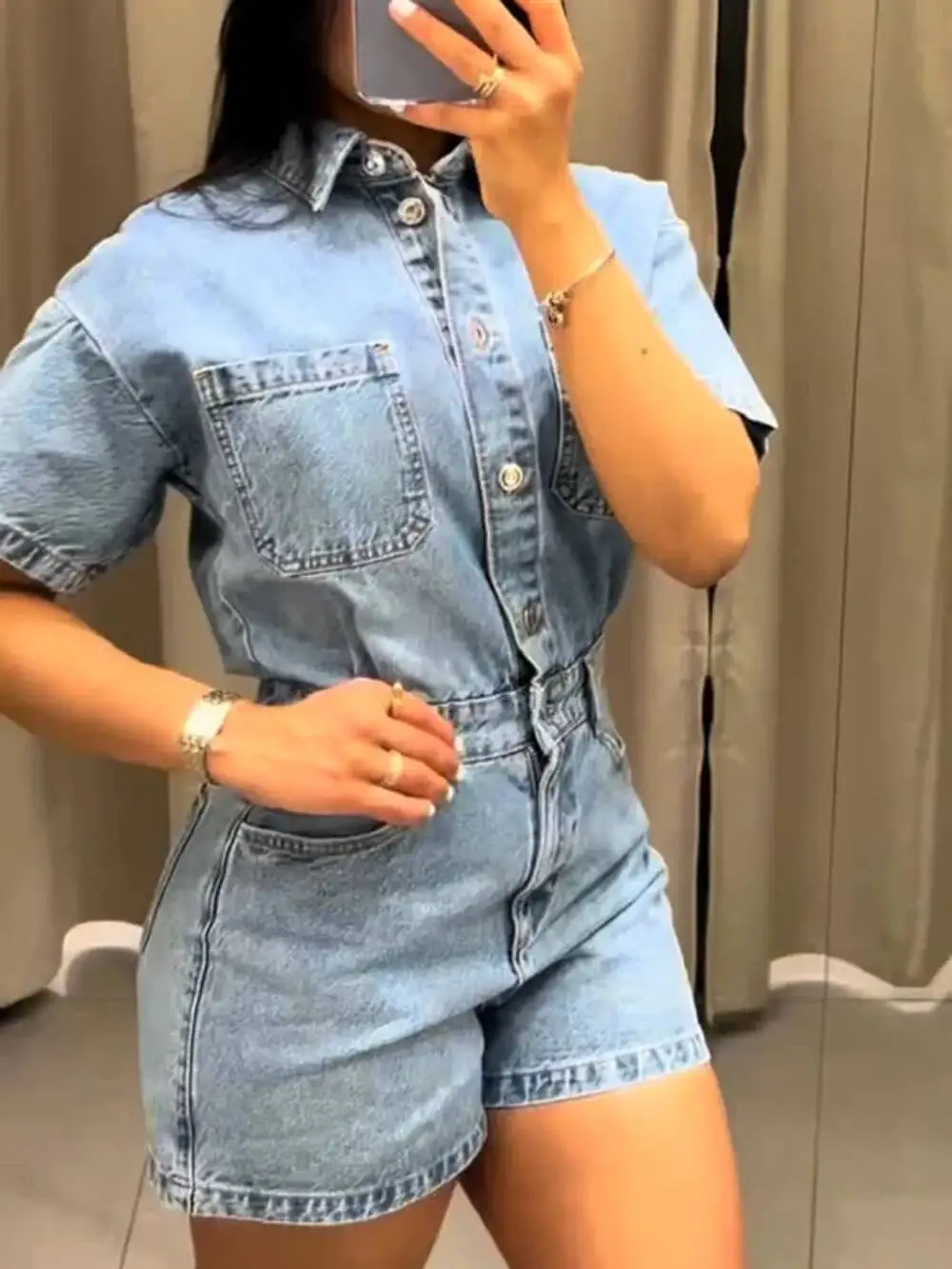 

Women's Fashion Retro Lapel Single Breasted Pocket Decoration Short Sleeve Denim Slim Fit Casual Zipper Jumpsuit Shorts