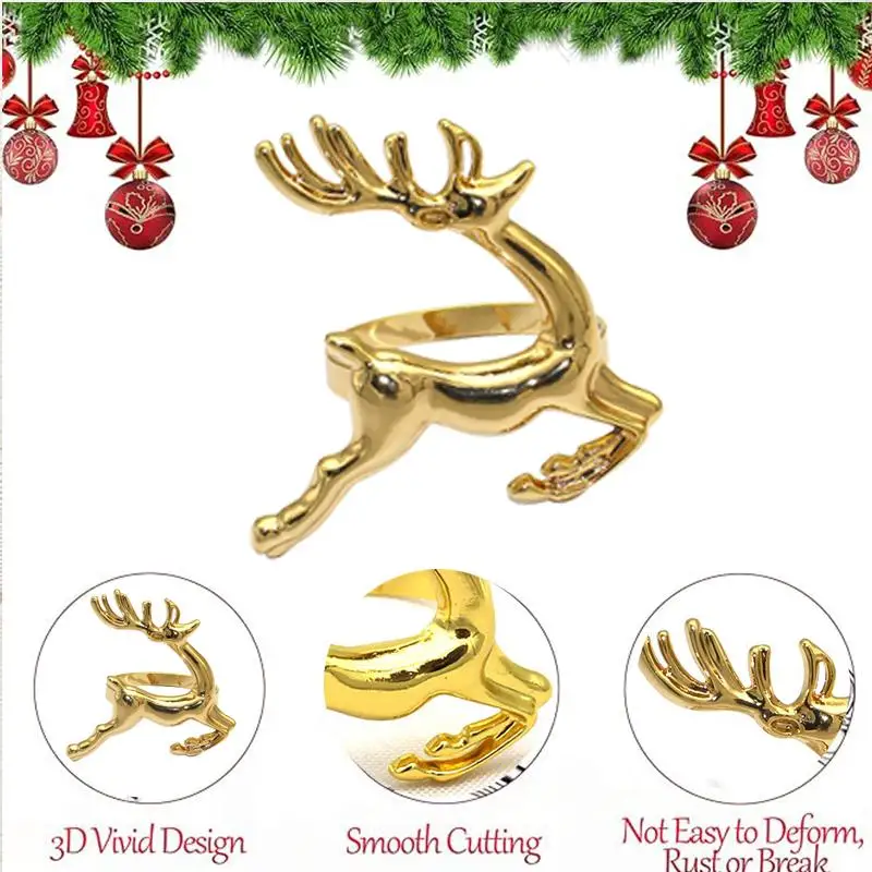 Anel de guardanapo de cervos de Natal dourado e prateado para festa de Natal, decoração de mesa, decoração de casa, novo, 12-2 peças