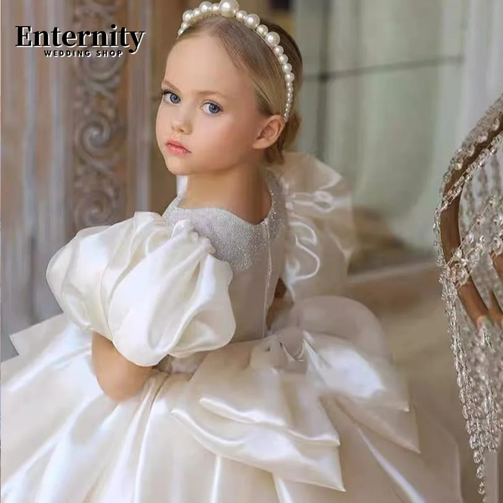 Princesse Enfant Fold O-neck Open Back Bow Flower Girl Dress Puff Sleeve Ball Gown Knee-length Twinkling Vestidos Para Niñas