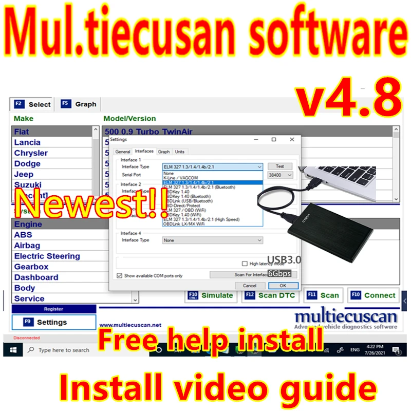 Newest Multiecuscan V4.8 Software Registered for Fiat Scanner Unlimited Multi Ecu Scan Work With ELM327 OBD II Diagnostic Tool