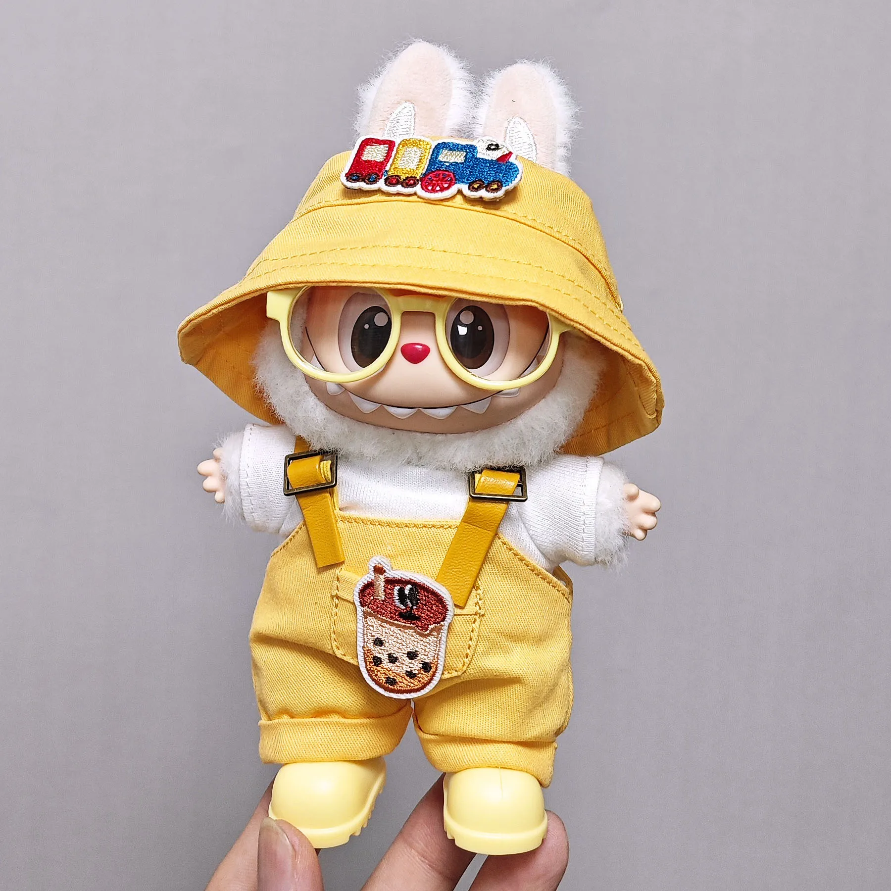 Conjunto de monos inspirados en Bubble Tea con sombrero con estampado de dibujos animados para muñeca de vinilo Labubu de 1a a 3a generación, ropa dulce para Labubu