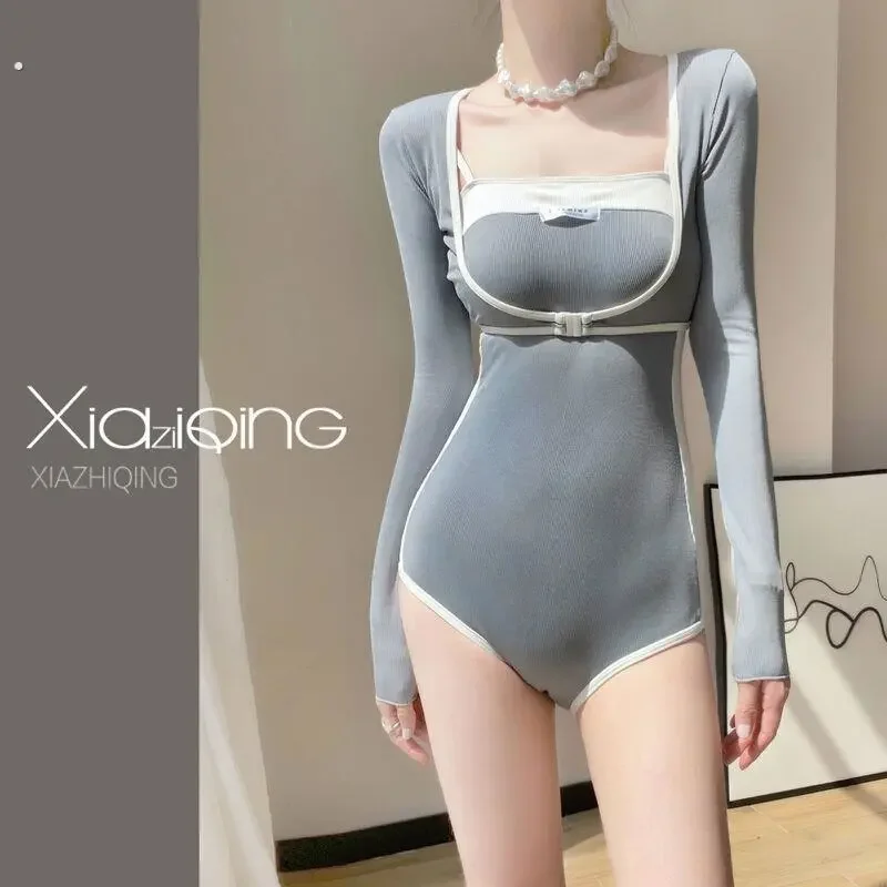 

Женский слитный купальник с длинным рукавом, летний, солнцезащитный, консервативный, с эффектом утяжки живота, для пляжа и бассейна