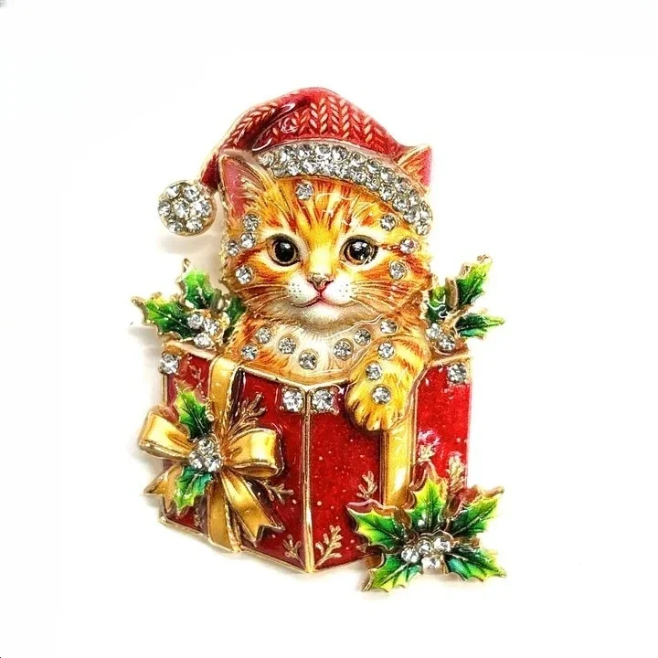 Vintage Strass-Emaille-Brosche für Weihnachten und Halloween, Katzen- und Hundekranz-Anstecknadel, Modischer Tierschmuck – Detail 4