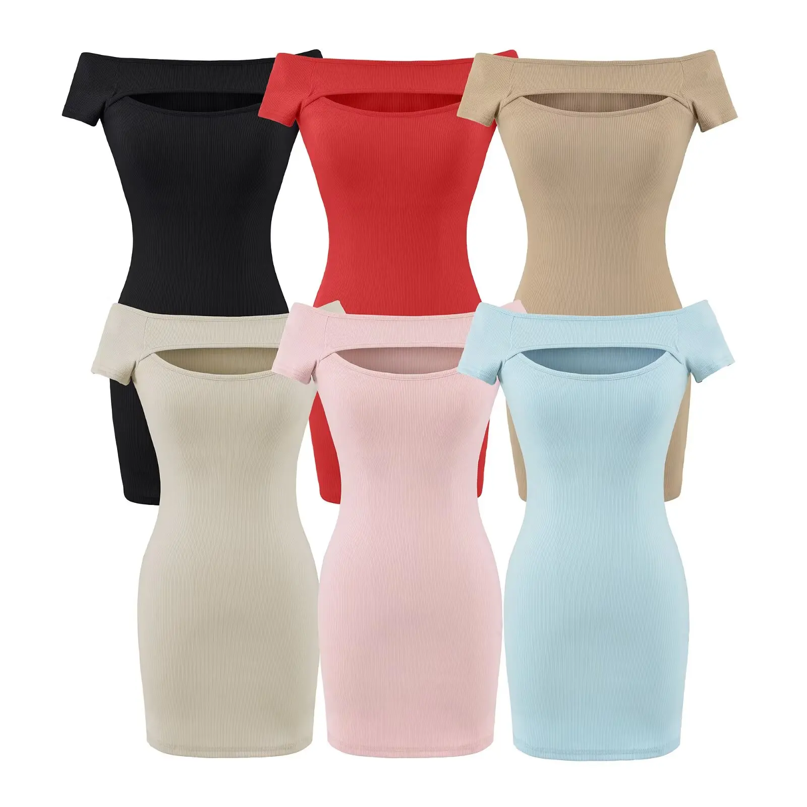 

Sexy Hollow out Bodycon Skirt with Chest Pad One Shoulder Design Summer Thin Material Short Sleeve Women's Dress Pure Color