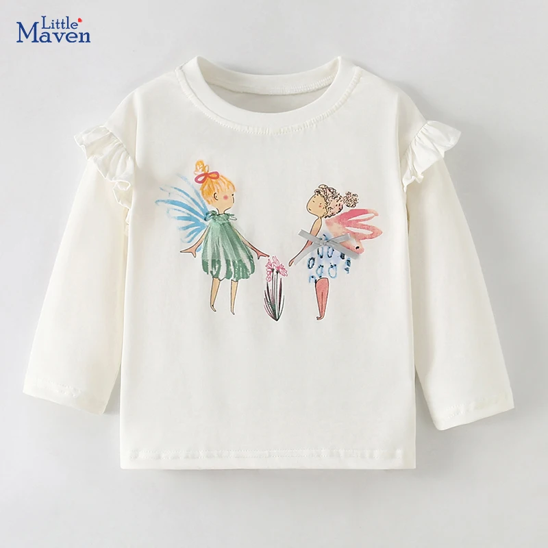 Little maven Western Style Kids Clothes Baby Girls Spring Autumn Pretty Tops Cartoon Fairy Print Girl Princess T-shirts Cotton