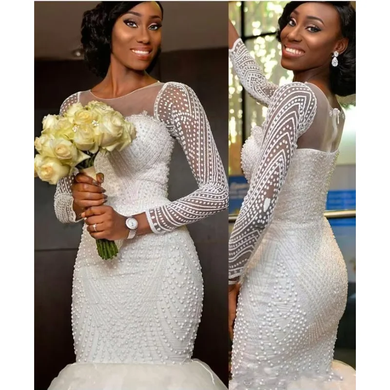 

Customized Bling African Nigeria New Mermaid Wedding Dresses Jewel Neck Long Sleeves Crystal Beaded Pearls Sweep Train Custom Fo