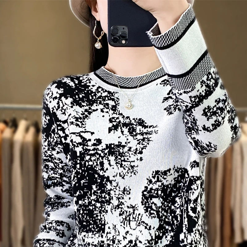 

sweaters for womenChinese style Ink wash paintingWeaving Flowers pullover shirtSoft and comfortableWomen's long sleeve top Loose