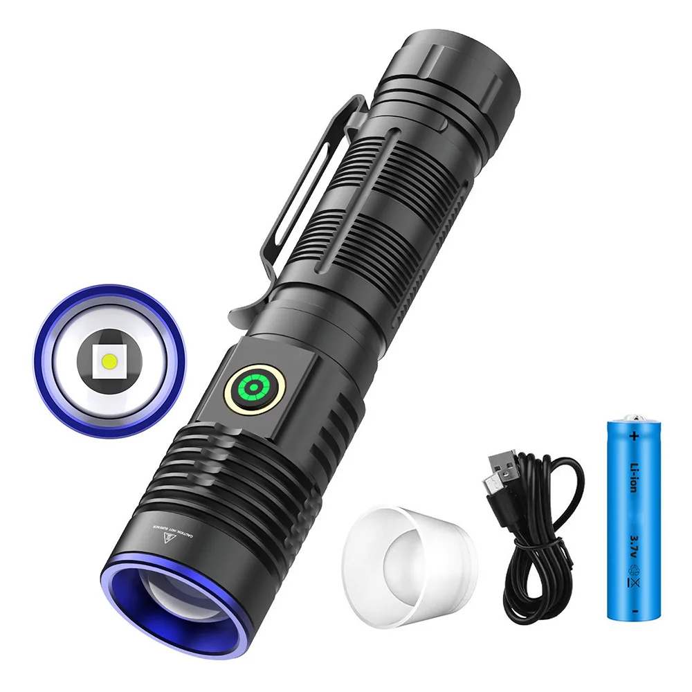 30W LED Flashlight Outdoor Rechargeable Electric Torch Ultra Bright Zoomable Flashlight With 5-color Lens for Camping Fishing