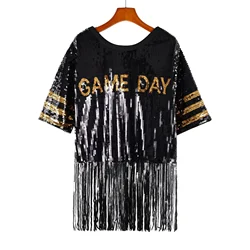 Spring Summer New Fashion Sequin Fashionable Tassels Women Short Sleeved Top Simple Round Neck Female Letter T-shirt