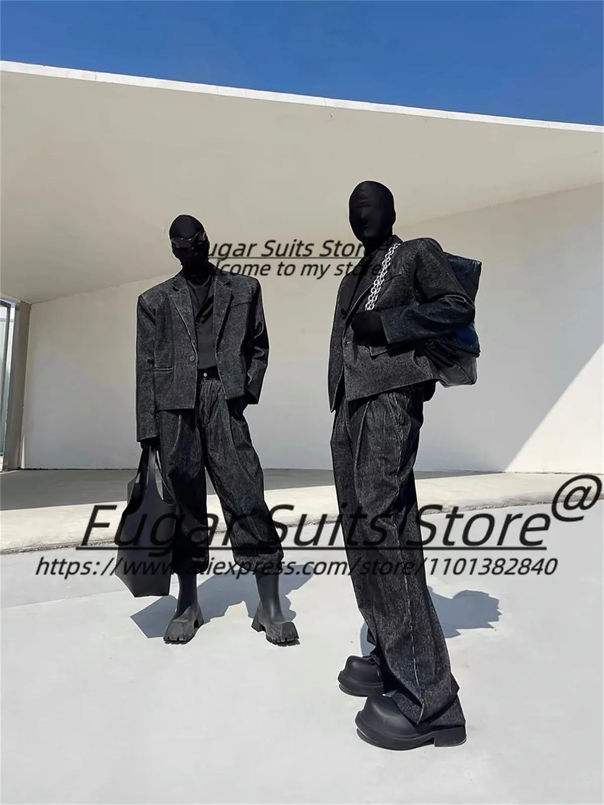 Conjunto de 2 piezas de pana negra estilo americano para hombre, esmoquin holgado con solapa y muescas, blazer, trajes para hombre