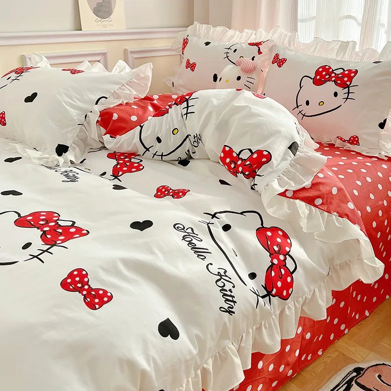 4-piece Set Sanrios Cartoon Character Hello Kittys with Lace Duvet Cover Cute KT Cat All Cotton Bed Sheet Duvet Cover Girl Gift