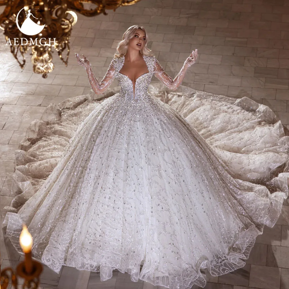 

Aedmgh Ball Gown Royal Wedding Dresses Scalloped Vestido De Novia Lace Embroidery Court Train Luxury Custom Made Bridal Gowns