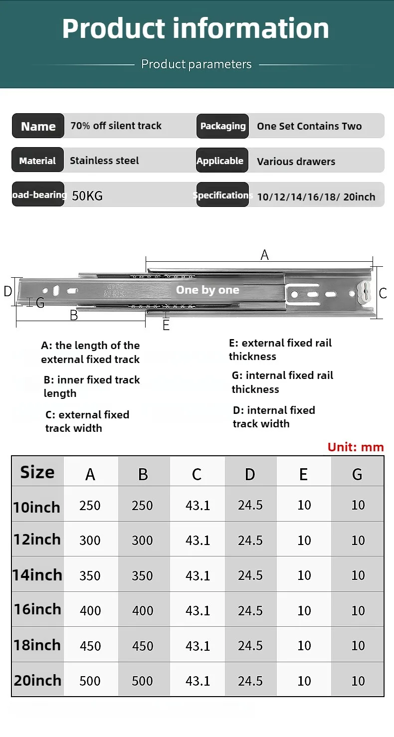 10' - 22' 45mm breite Edelstahl-Schubladenauszüge mit Soft-Close-Funktion, dreiteilige Schubladenschienen für Möbelbeschläge – Detail 8