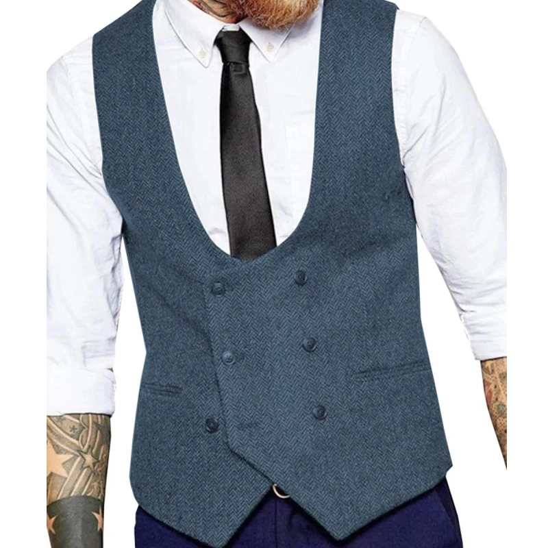 

Herringbone Men Vest Light Blue Solid Double Button Slim Business Formal Waistcoat Tweed Sleeveless Men Suit Vests