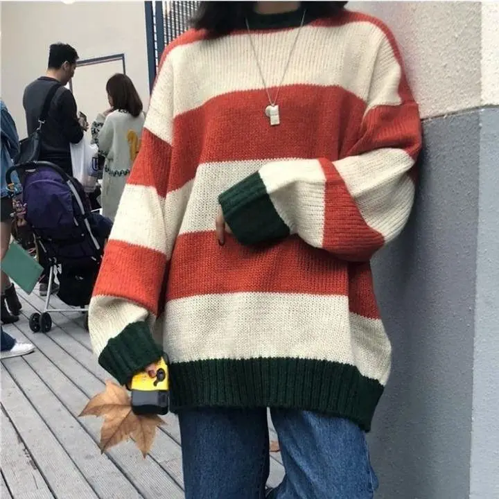 New Autumn and Winter College Style Striped Sweater Women\'s Korean Style Loose Mid Length Round Neck Versatile Long Sleeves y2k