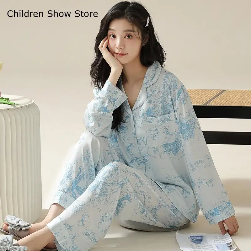 2Pcs Sleepwear Ice Silk Pajamas Suit for Female Loose Home Clothes Print Lapel Shirt&pants Autumn Spring New Pyjamas Nightwear